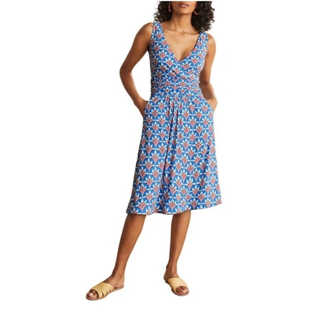 Boden Effie Floral Dress Sleeveless V-Neck Blue Pink Knee Length Size 6